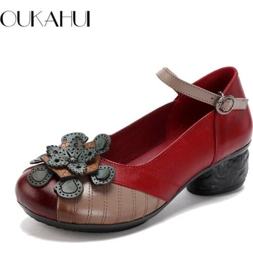 OUKAHUI Autumn Vintage Genuine Leather Pumps Women Shoes 4cm Heels Buckle Strap Elegant Flowers Women Mid Heel Leather Shoes 41