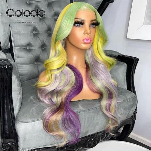 COLODO Pink Wig Green Purple Rainbow 13X4 Lace Front Wig Glueless Transparent Lace Wigs with Baby Hair Remy Ombre Human Hair Wig