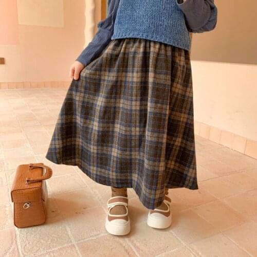 Autumn New Arrival Korean style cotton plaid woolen all-match Pleated Mid Long skirt for fashion cute baby girls