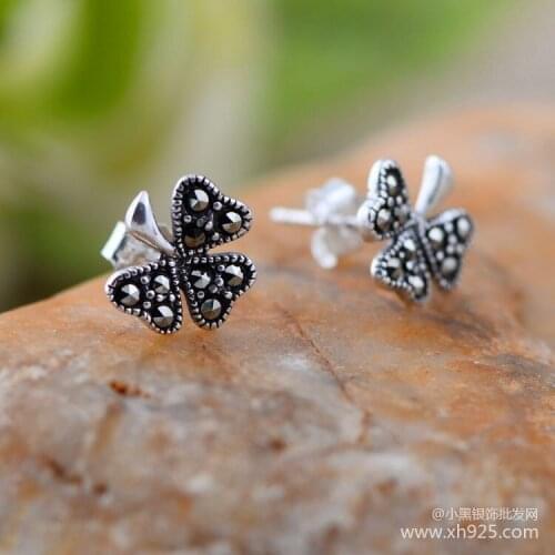 Ms black silver wholesale 925 sterling silver jewelry Thai silver restoring ancient ways is mark clover earrings