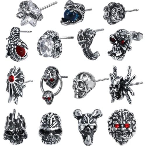 ZS Punk Rock 316L Stainless Steel Stud Earrings for Men 2 Pcs Hip Hop Skull Earring with Red CZ Stone Male Biker Gothic Jewelry
