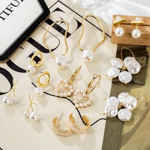 X&P 2021 Korean Fashion Geometric White Pearl Drop Earrings For Women Bohemian Metal Round Earrings Wedding Jewelry Gift
