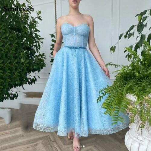 Smileven Full Lace Sky Blue Prom Dresses Sweetheart Neck Evening Gowns Ankle Length Corset Prom Party Gowns