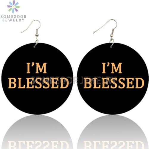 SOMESOOR I‘m Blessed Locs Loops Both Sides Printed Wooden Drop Earrings 6cm Large Black Pendant Dangle Jewelry For Women Gifts