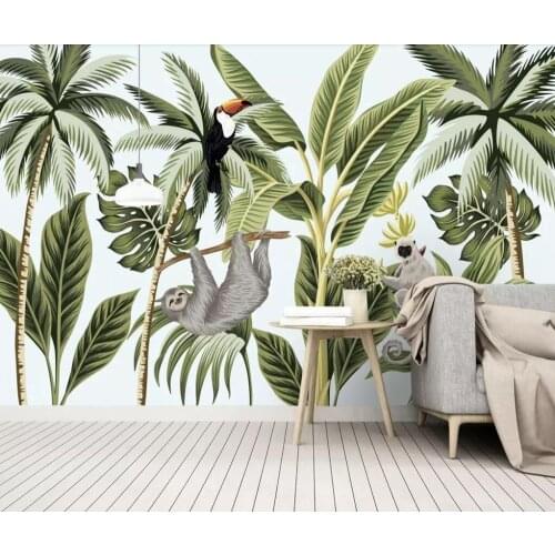 Modern simple European medieval hand-painted rainforest plant mural background wall