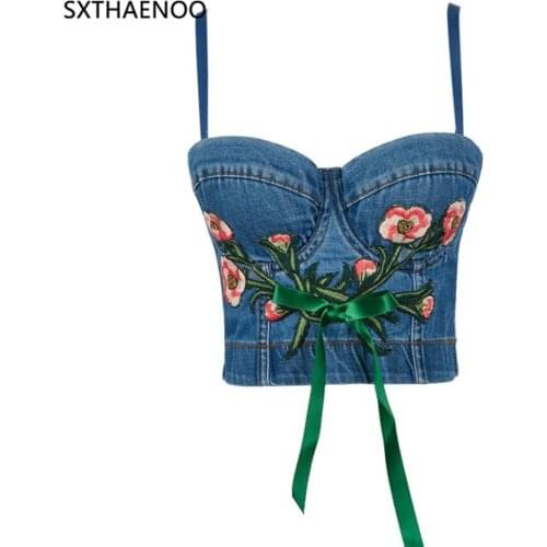 SXTHAENOO Retro Nightclub Embroidery Denim Flower Straps Old Distressed Strapless Umbilical Short Gathered Jacket Suspenders