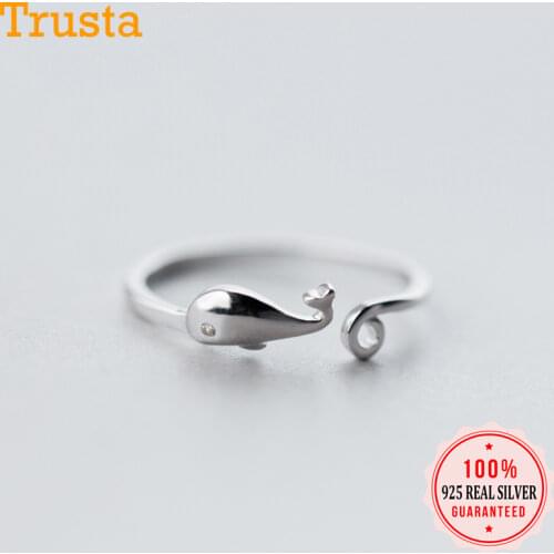 Trusta 2019 100% 925 Real Sterling Silver Cute 925 Whale With CZ Cocktail Ring Sizable 6 7 8 Women Girl Fine Silver Jewelry AZ05