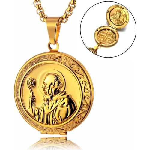 Vintage Holy San Benito Medal Pendant Jesus Gold Stainless Steel Can Open Photo Frame Pendants & Necklaces For Religious Jewelry