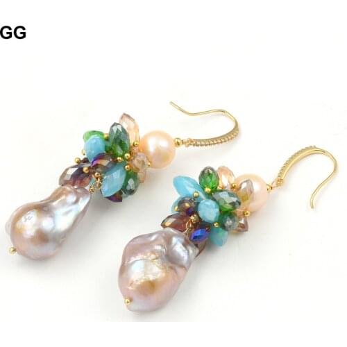 GG Jewelry Natural Pink Purple Keshi Baroque Pearl Colorful Crystal CZ Gold Color Plated Hook Earrings Handmade For Women