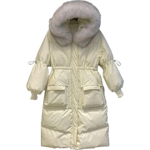 Winter Loose Windbreak Long Coat Women Real Natural Fur Hooded Jacket 90% White Duck Down Coat Thick Warm Snow Outwear