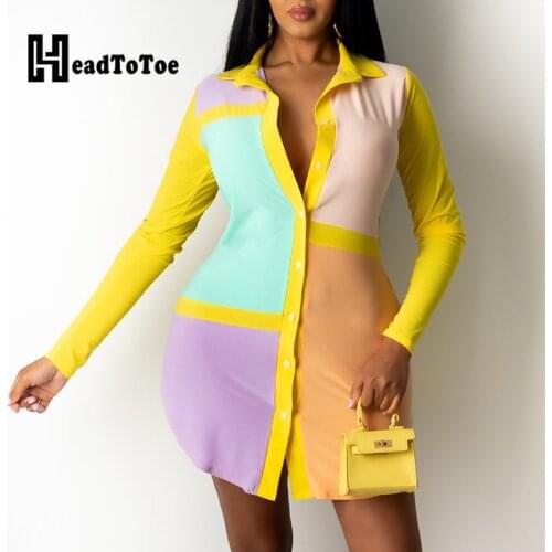 Colorblock Long Sleeve Buttoned Casual Shirt Dress Women