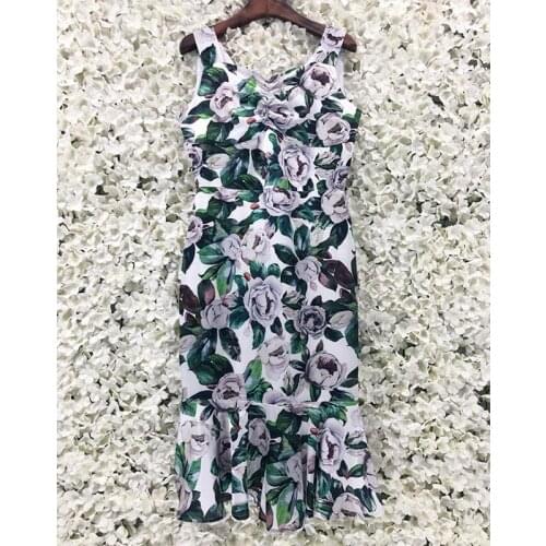 Brand New Boho Floral Mermaid Slim Retro Sleeveless Midi Dress High Waist V-Neck Ruffles Sweet Party Dresses Vacation Clothing