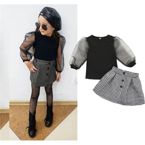 2PCS Girls Fashion set Transparent long puff sleeve black T shirt grey plaid button skirt dress outfit sweet girls Summer set