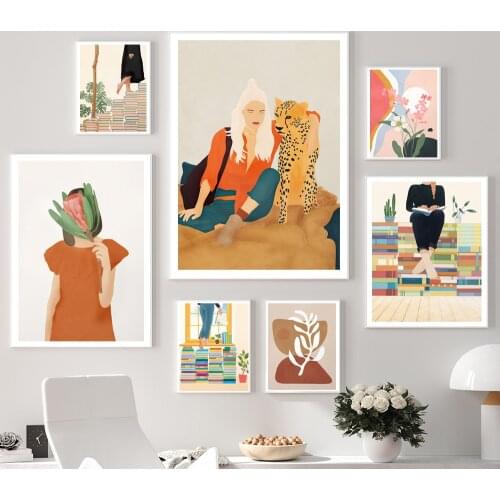 Abstract Tropical Monstera Girl Cheetah Boho Wall Art Canvas Painting Posters And Prints Wall Pictures For Living Room Decor