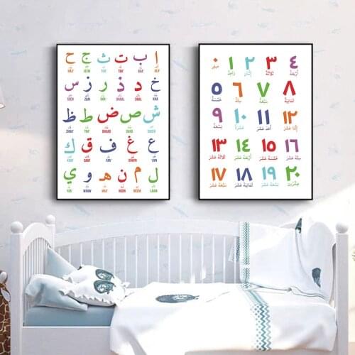 Arabic Numbers Alphabet Islamic Nursery Poster Canvas Painting Wall Art Print Picture for Kids Bedroom Interior Home Decoration