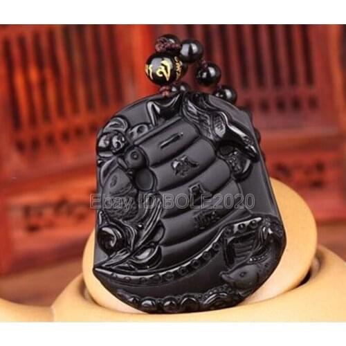 Free shipping Natural Black Obsidian Hand Carved Boat Fish Smoothly Lucky Pendant + Necklace