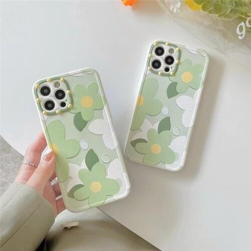 Retro Sweet Matcha green daisy Flowers art Phone Case For iPhone 11 12 Pro Max Xs Max XR XS 7 8 Plus 7Plus case Cute Soft Cover