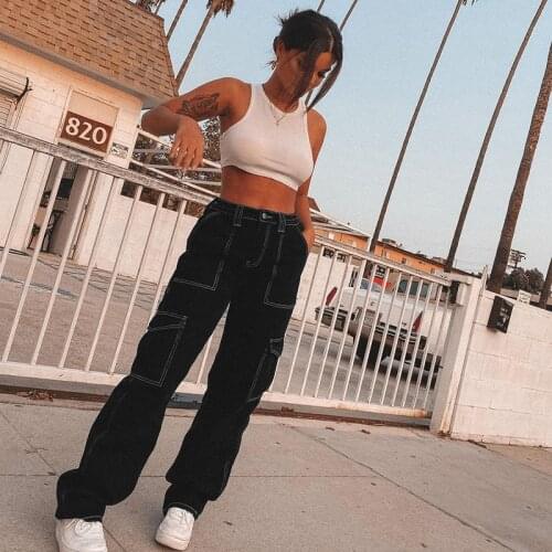 Black Pockets Wide Leg Women Jeans Striped High Waist Baggy Joggers Mom Denim Boyfriend Punk Streetwear Black Pants 90s Iamhotty