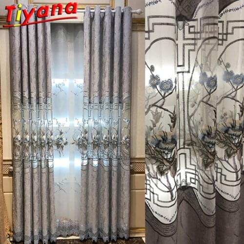 Chinese Classical Flowers Hollow Curtains for Living Room Gray Chenille Semi-Blackout Embroidered Tulle Curtain for Bedroom#VT