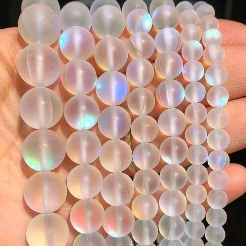 Matte White Austria Crystal Glitter Moon Stone Beads Round Flash Shimmer Beads for Jewelry Making DIY Bracelet 15'' 6 8 10 12mm