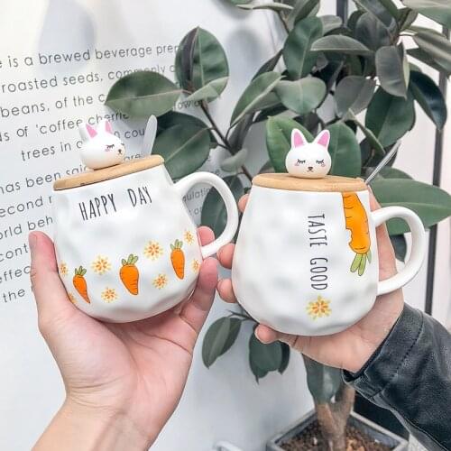 Cartoon carrot rabbit with lid and spoon ceramic cup ins men and women cup water cup small fresh cup