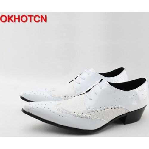 Hot Italian Classic Brogue Men Genuine Leather Shoes Lace Up Formal Business Dress Shoes Patchwork White Knit Men Wedding Shoes