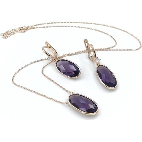 Magümüş Oval Amethyst Stone Silver Necklace Earrings Set Suit