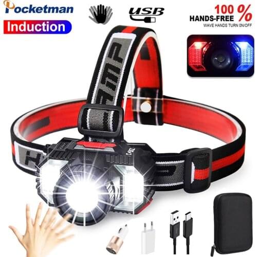 80000LM True Lumen LED Headlamp IR Sensor LED Headlight USB Rechargeable Built-in Battery Head Front Light COB LED Head Torch