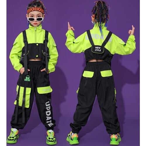 Hip Hop Clothing Girls Green Long Sleeves Black Tops Hip Hop Pants Ballroom Dance Clothes Kids Street Dance Stage Costume BL5184