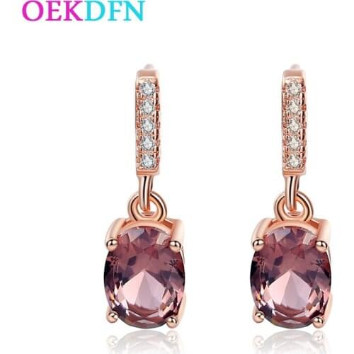OEKDFN 100% 925 Sterling Silver Earrings Oval Morganite Gemstone Drop Dangle Rose Gold Diamonds Drop Earrings Fine Jewelry