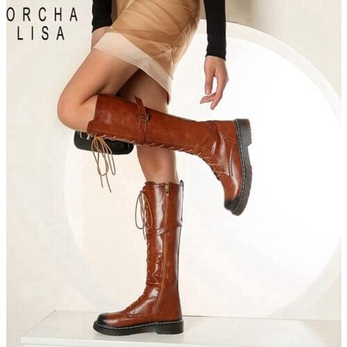 ORCHA LISA Woman Winter Knee-High Boots Round Toe 4cm Square Middle Heels ZIP Platform PU Big Size 34-43 Casual Outdoor C1952