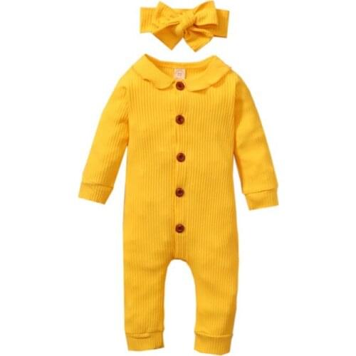 Autumn Baby Girl Clothing Long Sleeve Solid Print Single Breasted Rompers+Headband Infant Kid Outfits Clothes Sets New Arrival