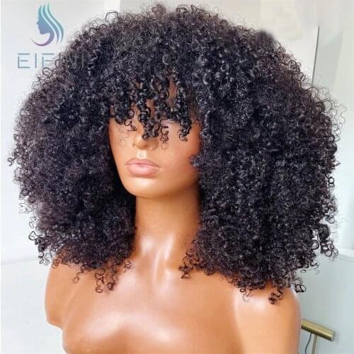 Natural Color Afro Kinky Curly Bob Wigs Short Full Machine Made Wig With Bangs Glueless Brazilian Human Hair Wig For Black Women