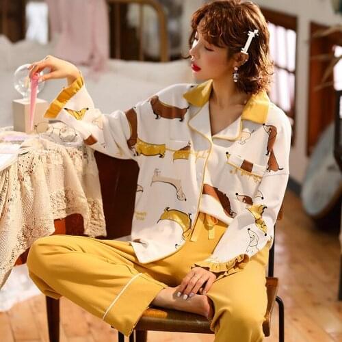 Fast Shipping Spring Cotton Pajamas Set Autumn Winter Pyjamas Cartoon Sleepwear Sexy Home Clothes For Women Pijamas M-2XL 3XL