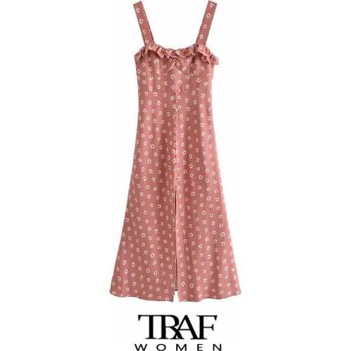 TRAF Za Women Fashion Floral Print Ruffled Slit Midi Dress Vintage Backless Elastic Wide Straps Female Dresses Vestidos