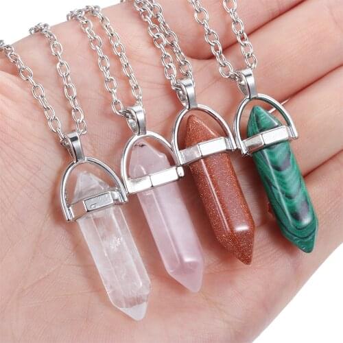 Silver Plated Natural Quartz Crystal Hexagonal Chakra Healing Point Pendulum Stone Pendant Necklace Natural Stone Jewelry Gifts