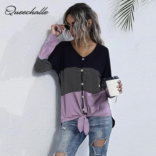 Black Stripe Patchwork Casual T-shirt Spring Autumn Female Tops Ladies V neck Buttons Loose Tee Shirt Bow Ties T-shirts Femme