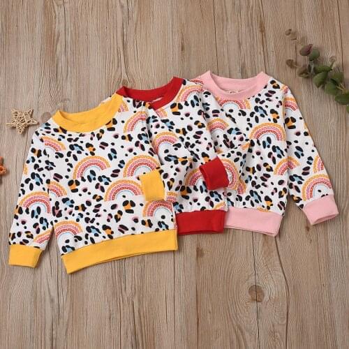 6-24M Baby Girl Rainbow Leopard Printed Top Long Sleeve Round Neck Pullover Sweatshirt Pullovers of Spring and Fall Wear