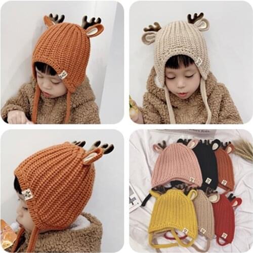 Baby Boys Girls Reindeer Beanie Hat Kids Christmas Hats Knit Cap Elk Horn Winter Hat