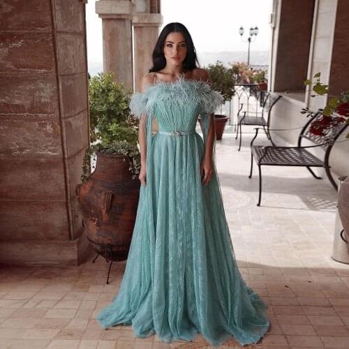 Light blue Elegant Fashion Evening Dress Strapless Feather A-Line Floor Length Tulle Celebrity Dress Prom Dress Custom Made