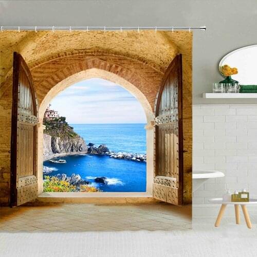 Africa Morocco Retro Gate Landscape Shower Curtain Aged Door Sea Town Scenery Bathroom Decor Screen Waterproof Hooks Curtains