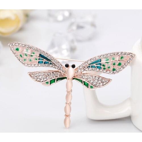 Charming Opal Dragonfly Brooch Green Blue Enamel Insect Corsage for Women Wedding Brooches Jewelry Crystal Pin Accessories