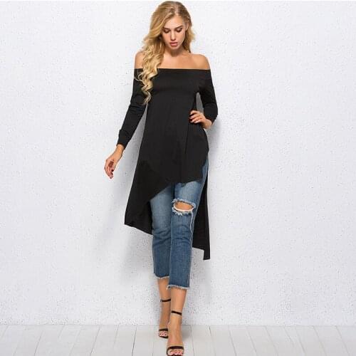 T Shirts Long Sleeve Black Women Ladies Tops Autumn Causal Split Sext Off the Shoulder Tops Tee Shirts Fashion femme camisetas