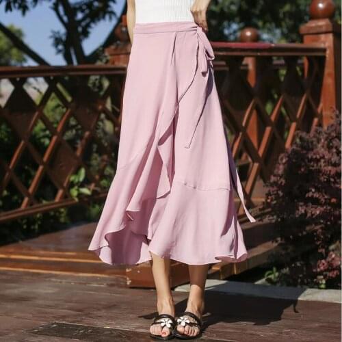 2020 Womens Summer Chiffon Skirts One Piece Split Skirts Solid Casual Long Beach Skirts Plus Size Vestidos M-7XL 8XL Blue Black