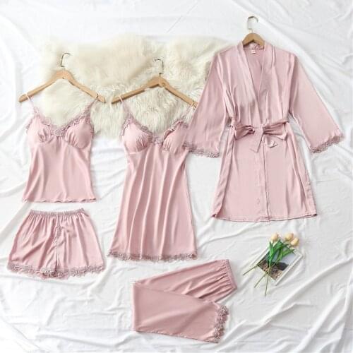 Female 5PCS Lace Pajamas Suit Casual Sleepwear Sleep Sets Silky Satin Nightwear Homewear Sexy Spring Pyjamas Intimate Lingerie