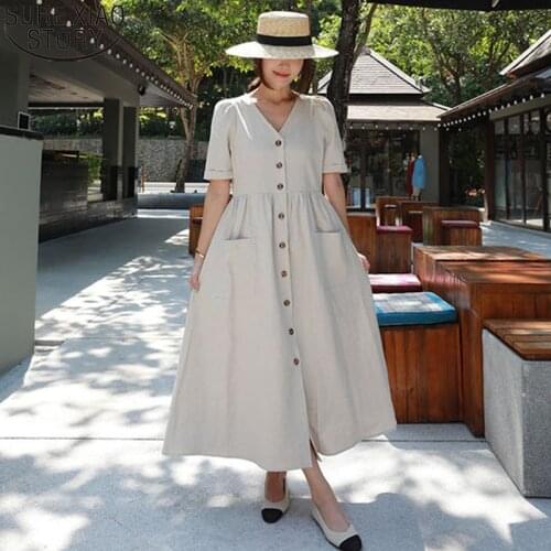 Solid Single Breasted Short Sleeve 2020 Women Summer Vintage Cotton and Linen V-neck Pocket High Waist Maxi Long Dress 9966