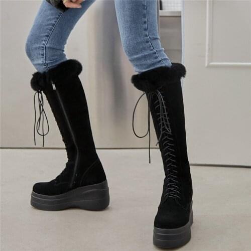 Winter Warm Thigh High Pumps Shoes Women Genuine Leather Wedges High Heel Motorcycle Boots Female Chunky Platform Oxfords Shoes