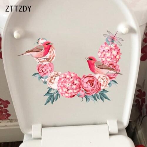 ZTTZDY 28CM×19.3CM Natural Beauty Home Bedroom Wall Stickers Pink Flower And Bird Ring Toilet Decor T2-0861
