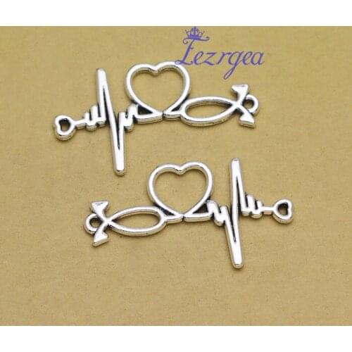 20pcs/lot--34x19mm, ECG cham,Antique silver plated fish love wave connector charms,DIY supplies, Jewelry accessories