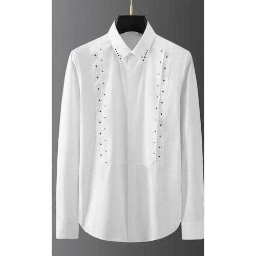 2021 Handmade Rhinestones Shirts Men Long Sleeve Shirts Luxury Tuxedo Chemise Homme Slim Fit Casual Business Formal Dress Shirts